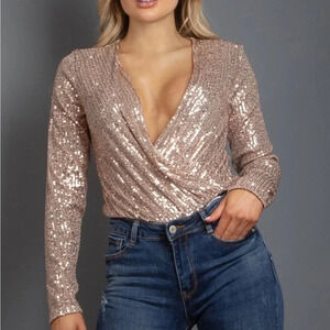 Draped Deep V Sparkle The Evening | Champagne Sequin Blouse